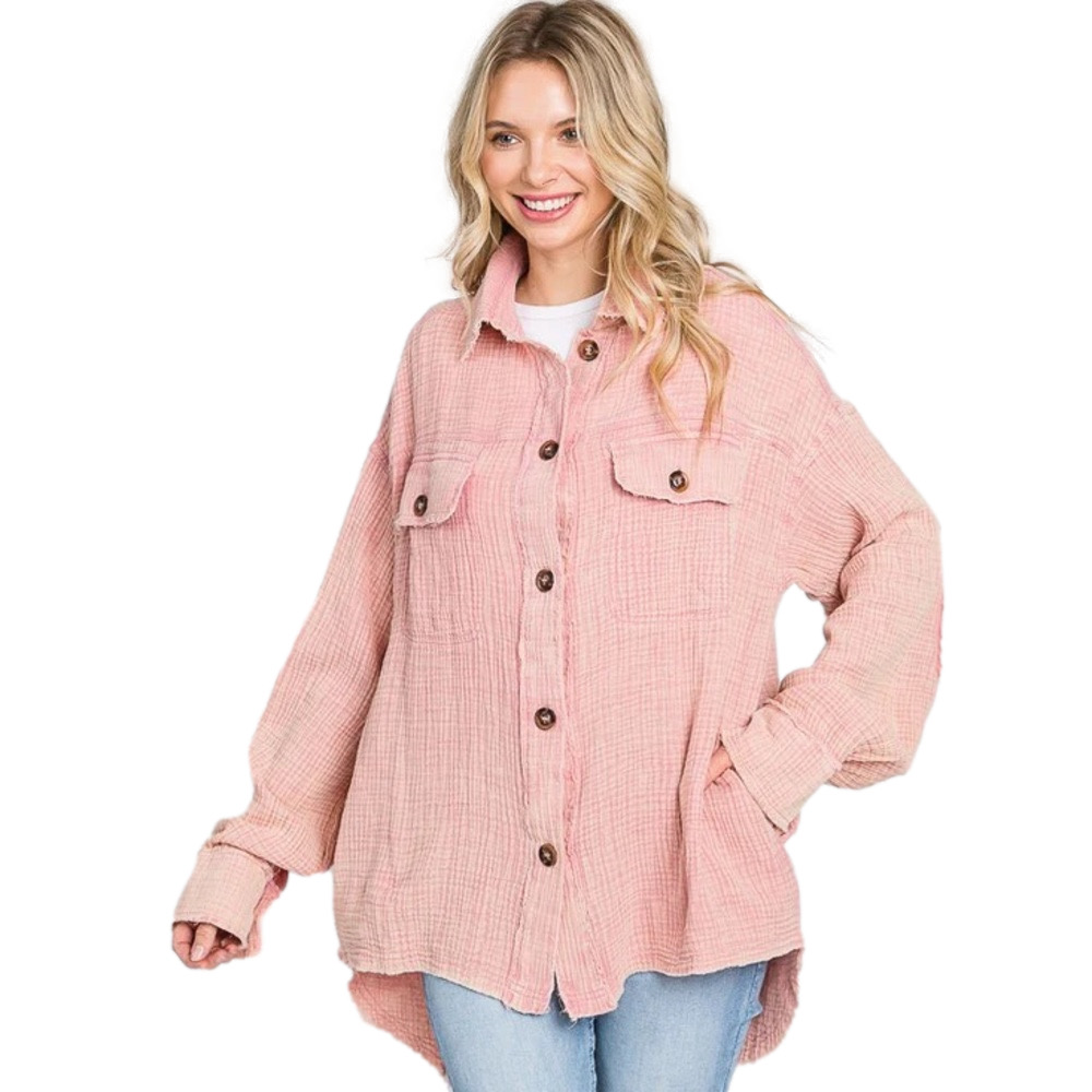 OLI & HALI Women’s GAUZE BUTTON FRONT OVERSIZED SHACKET in Rose